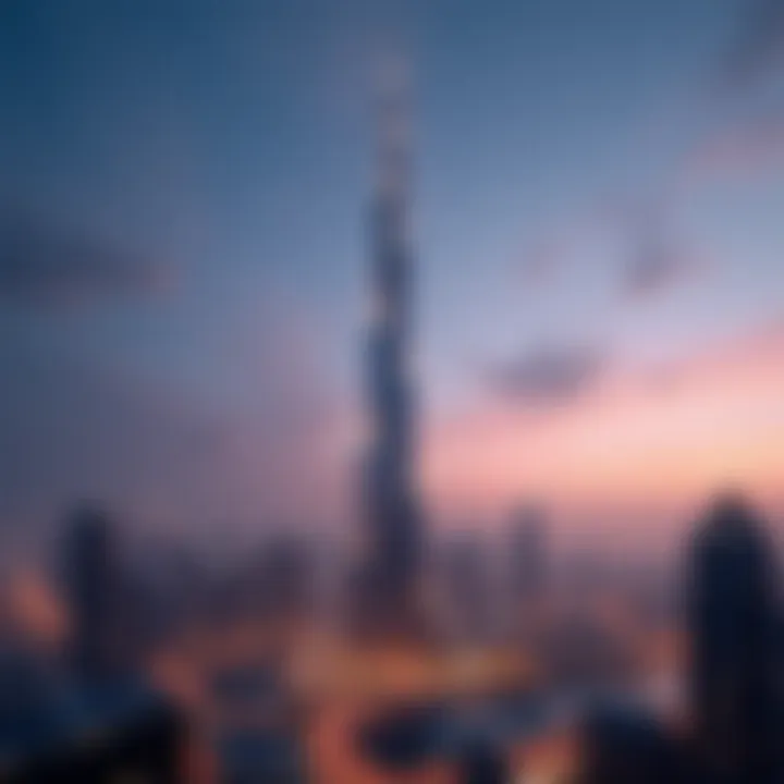 A breathtaking view of Al Burj Tower illuminating the Dubai skyline at dusk