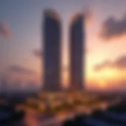 Stunning view of Rove Dubai Downtown against a sunset backdrop