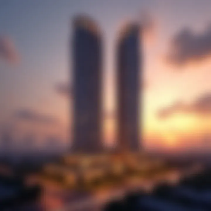 Stunning view of Rove Dubai Downtown against a sunset backdrop