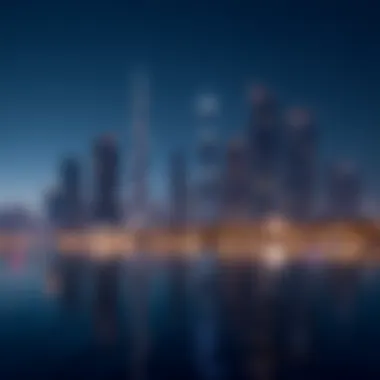 Nighttime skyline of Dubai featuring illuminated Reem Island Towers