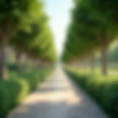 Pathways lined with trees in The Greens Park, inviting exploration and relaxation