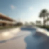 A panoramic view of Yas South Skate Park showcasing its unique architectural elements