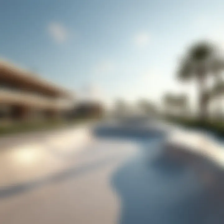 A panoramic view of Yas South Skate Park showcasing its unique architectural elements