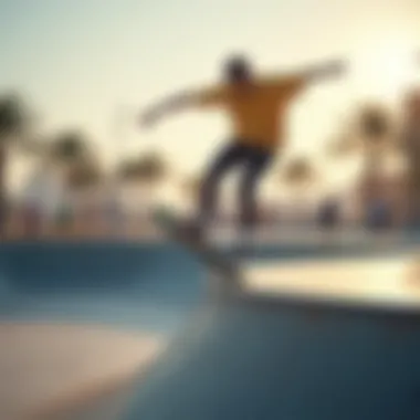 Skaters performing tricks at Yas South Skate Park, highlighting the vibrant skateboarding culture